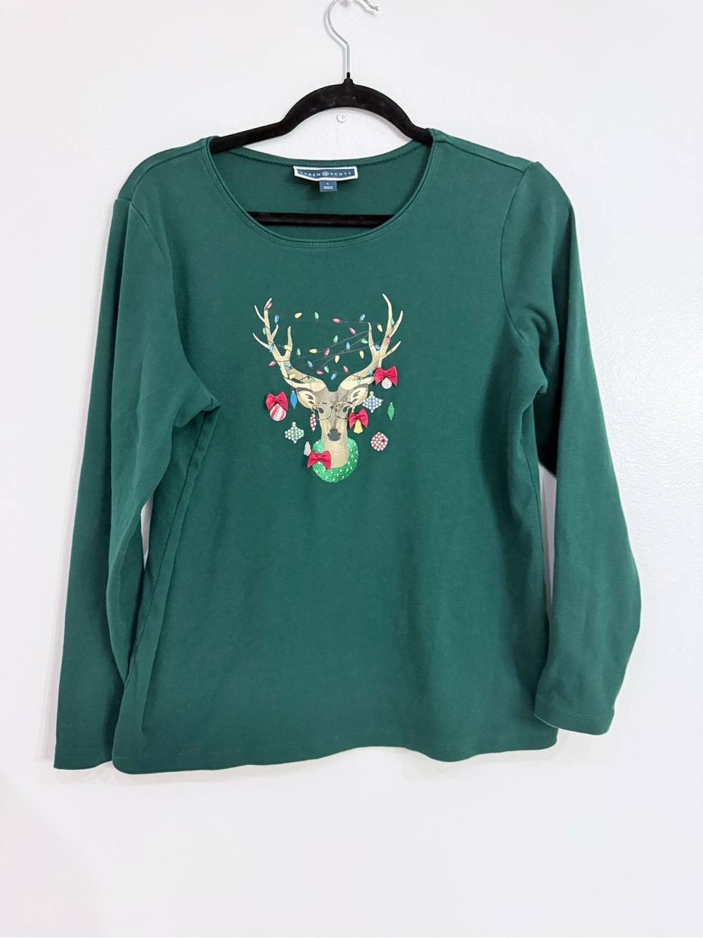 Karen Scott Green Long-Sleeve Crewneck Sweatshirt with Reindeer Motif